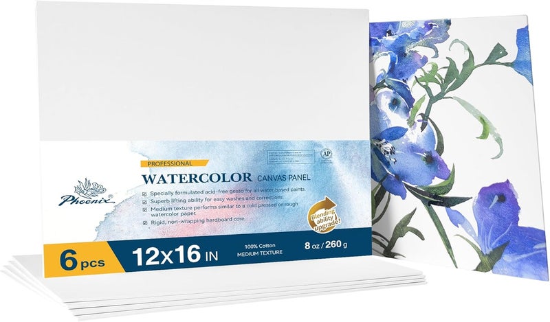 Phoenix Watercolor Canvas Boards for Painting - 12x16 Inch/6 Pack, 100% Cotton Water Color Canvas Panels, 8 Oz. / 260g White Blank Medium Texture Flat Canvases for Water Based Paints - Image 1